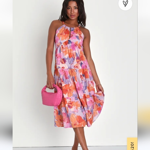 NWT Lulus Pink Multi Floral Tiered Midi Dress - Picture 1 of 7